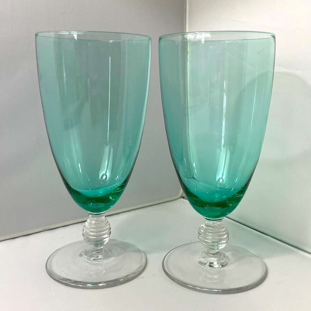 Pair Aqua Drinking‎ Glasses with Bubble Stem EUC Footed Tumbler